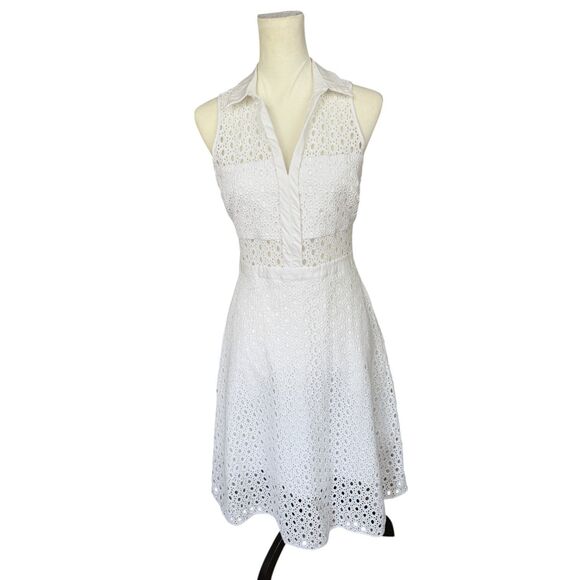 Guess White Eyelet Lace Cutout Sleeveless Summer Fit and Flair Cotton Dress Sz 6 - Picture 1 of 16